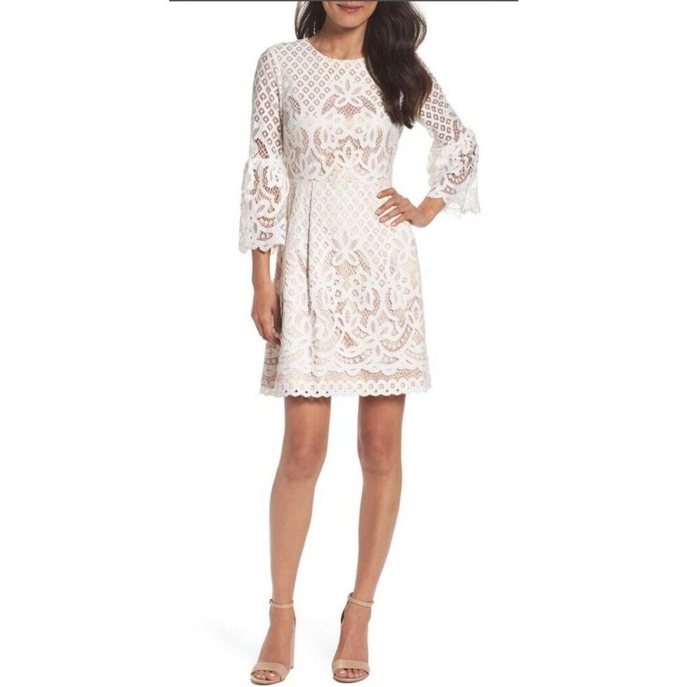 Eliza J Womens Bell Sleeve Fit & Flare Lace Mock Dress Ivory Size 6 Cocktail‎